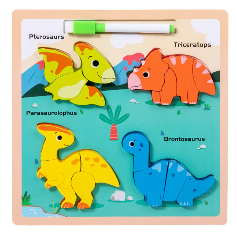 Medinė dinozaurų dėlionė su piešimo lenta