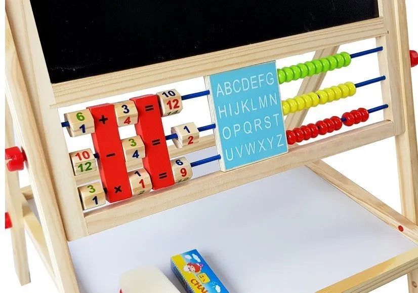Medinė edukacinė lenta – su kreida, abaku, laikrodžiu, skaičiais ir magnetais