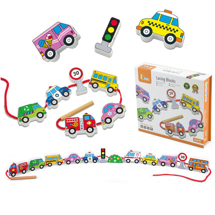 Medinės vėrimo kaladėlės „Transporto priemonės“