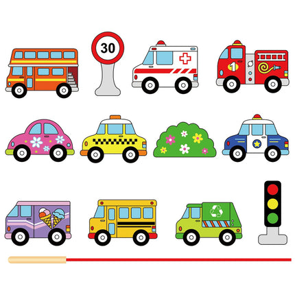 Medinės vėrimo kaladėlės „Transporto priemonės“