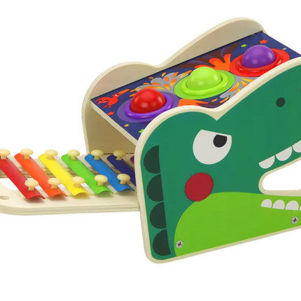 Medinis dinozauro 2in1 mušamasis žaislas su kamuoliukais ir cimbolais