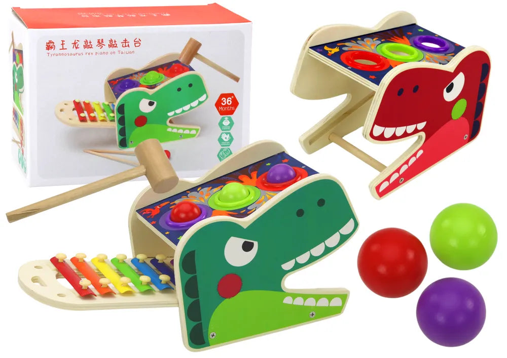 Medinis dinozauro 2in1 mušamasis žaislas su kamuoliukais ir cimbolais
