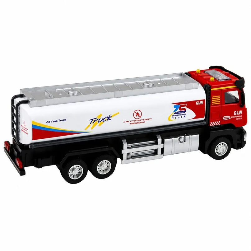 Metalinis autocisterna „Tank Truck“ su šviesomis ir garsais, raudona ir balta, 1:40