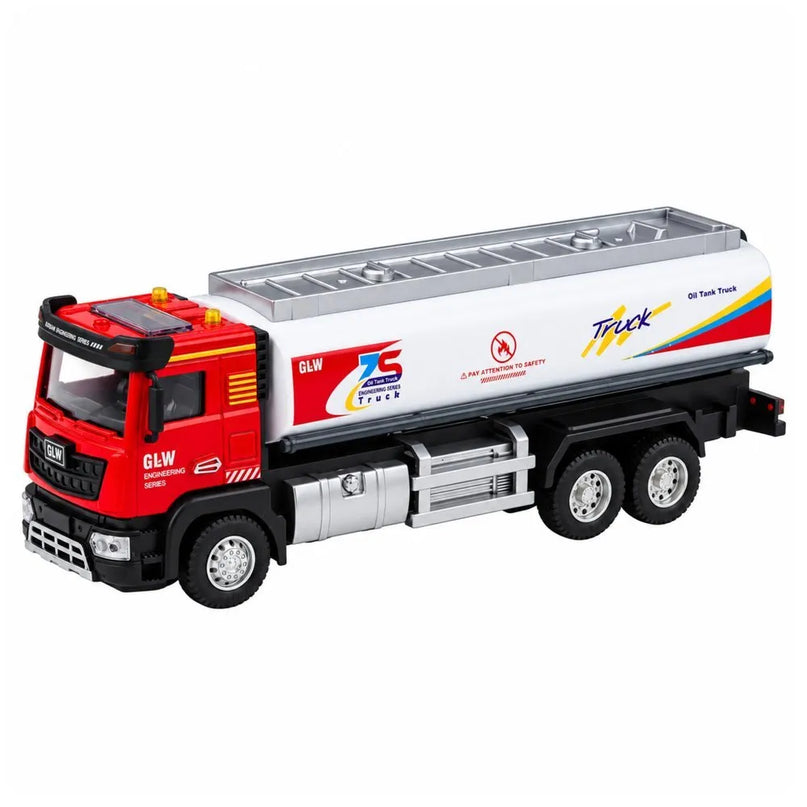 Metalinis autocisterna „Tank Truck“ su šviesomis ir garsais, raudona ir balta, 1:40
