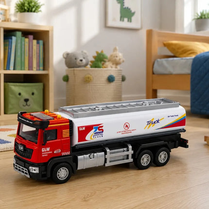Metalinis autocisterna „Tank Truck“ su šviesomis ir garsais, raudona ir balta, 1:40