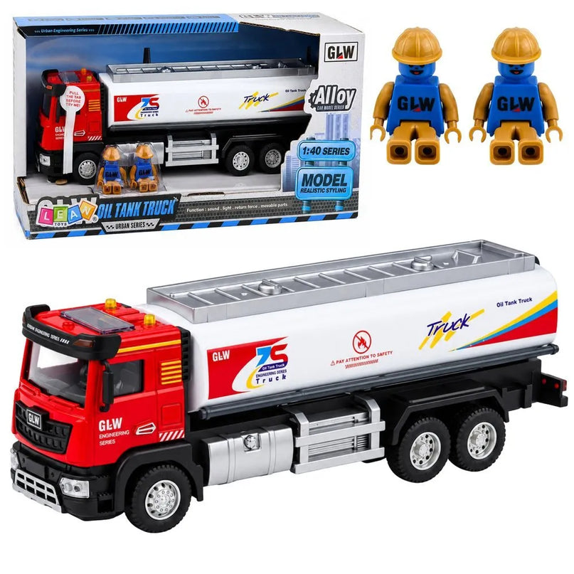 Metalinis autocisterna „Tank Truck“ su šviesomis ir garsais, raudona ir balta, 1:40