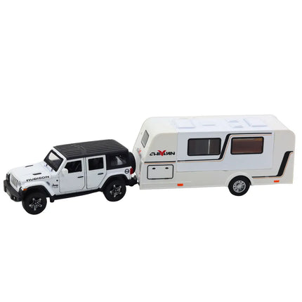 Metalinis baltas off-road automobilis su kemperiu 1:32