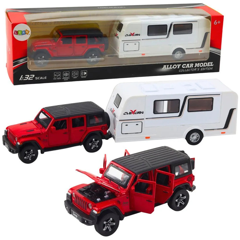 Metalinis raudonas off-road automobilis su kemperiu 1:32