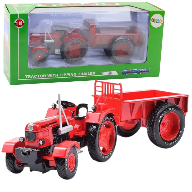 Metalinis traktorius su raudona priekaba 1:18