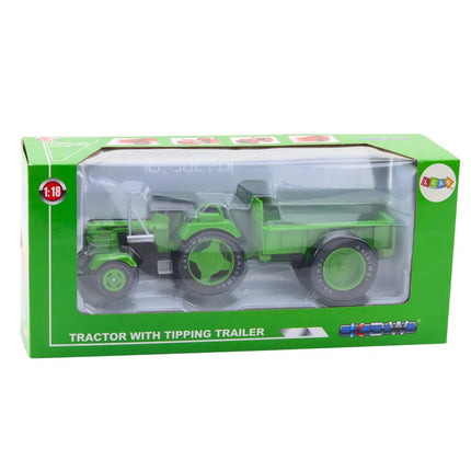 Metalinis žalias traktorius su priekaba 1:18
