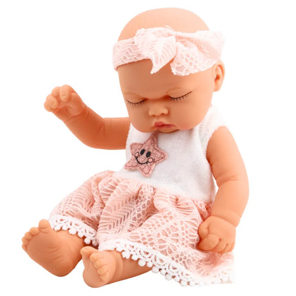 Mieganti kūdikio lėlė rožine suknele 24 cm
