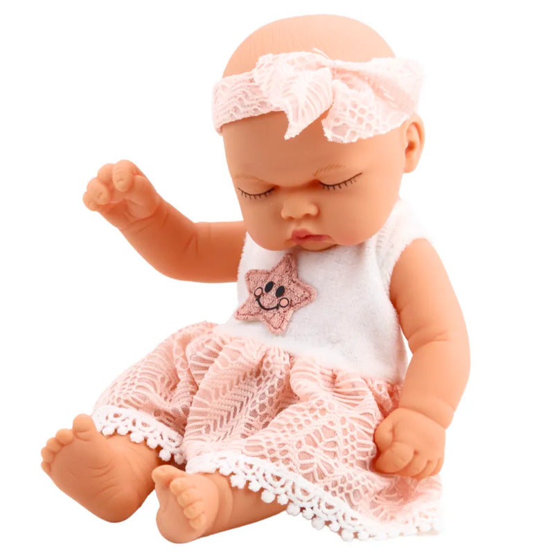 Mieganti kūdikio lėlė rožine suknele 24 cm