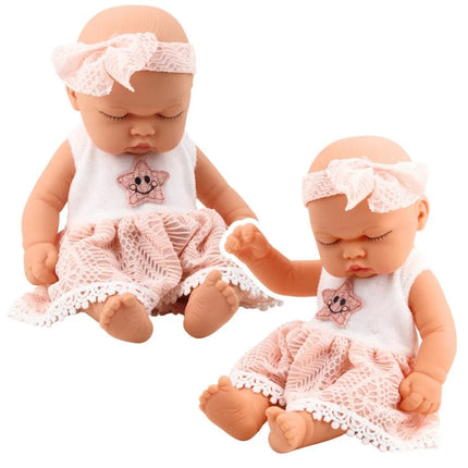 Mieganti kūdikio lėlė rožine suknele 24 cm