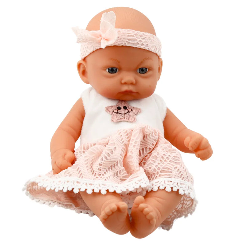 Mieganti kūdikio lėlė rožine suknele 24 cm