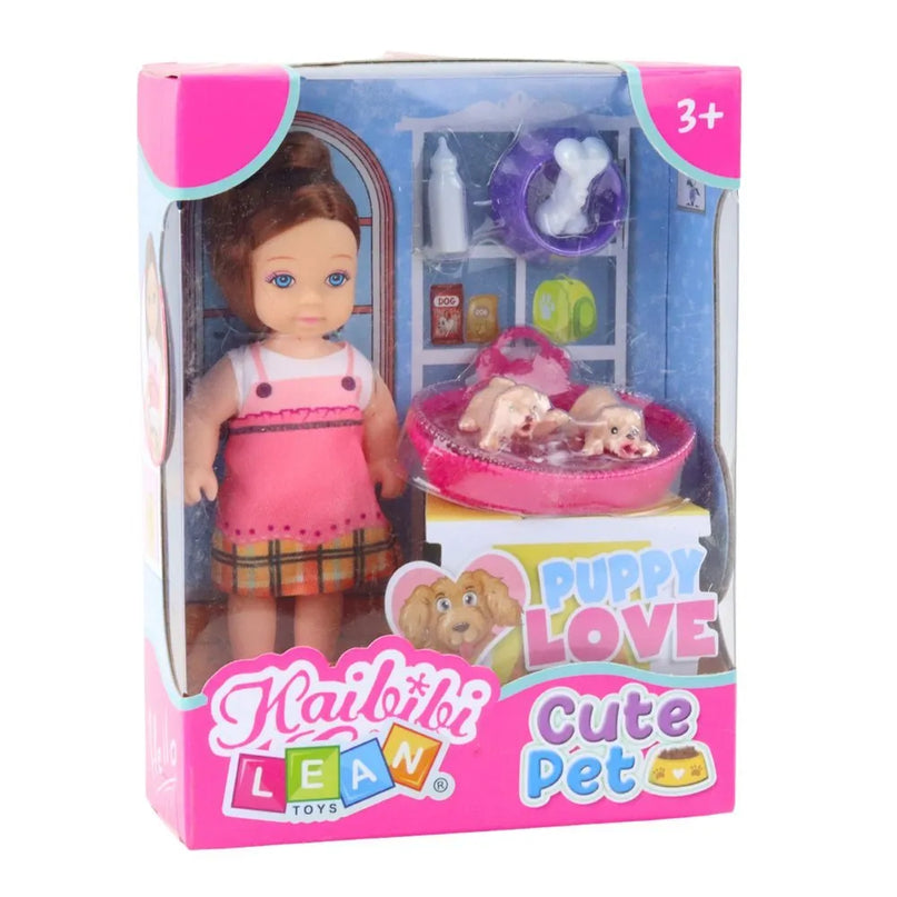 Mini lėlė su dviem šuniukais ir lovyte