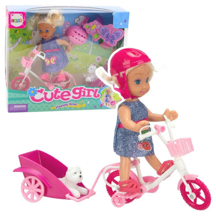 Mini lėlė su dviračiu, priekaba ir šuniuku