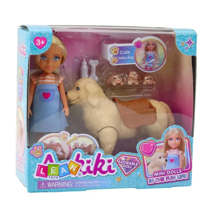 Mini lėlė su šunimi ir šuniukais
