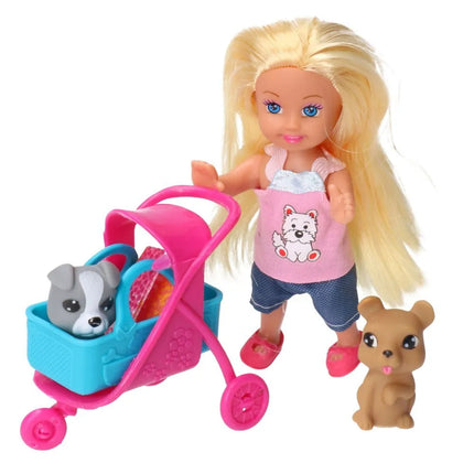 Mini lėlė su vežimėliu ir šuniukais