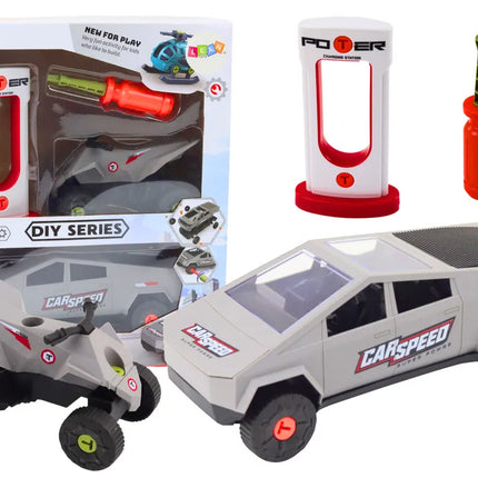 Modernus automobilis su keturračiu ir įkrovimo stotele – ardymo (DIY) rinkinys