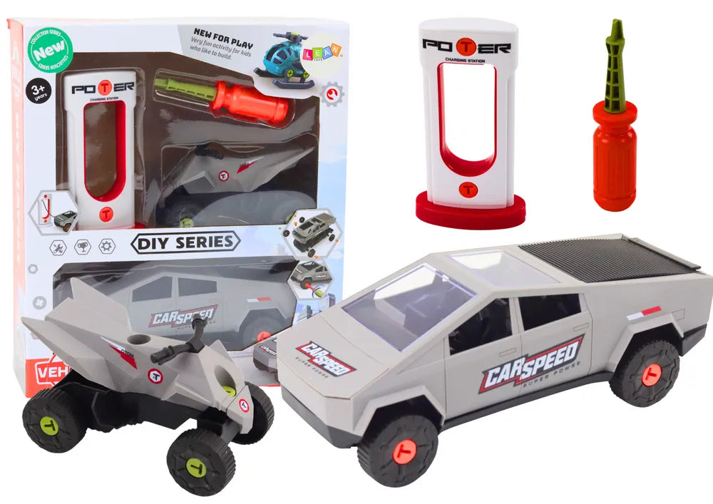 Modernus automobilis su keturračiu ir įkrovimo stotele – ardymo (DIY) rinkinys
