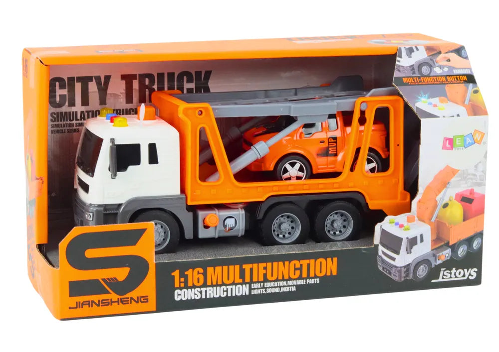 Oranžinis tralas su automobiliu 1:16