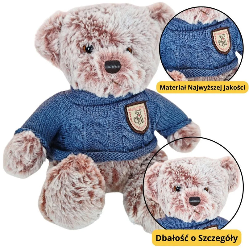 Pliušinis meškinas su mėlynu megztuku 21 cm