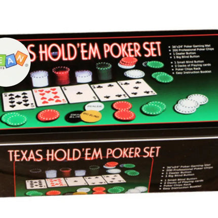 Pokerio rinkinys – 2 kortų kaladės, žetonai, 90×60 cm žaidimo kilimėlis