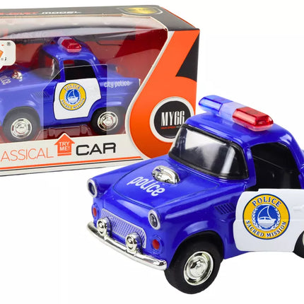 Klasikinis mėlynas policijos automobilis