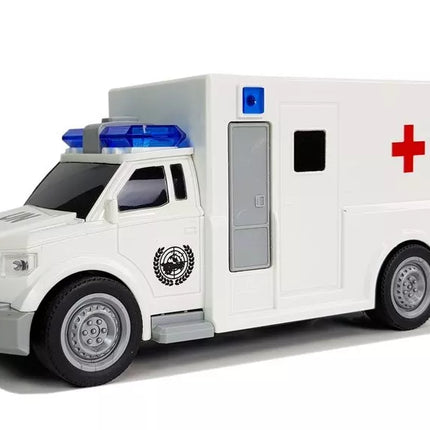 Baltas greitosios pagalbos automobilis su garso ir šviesos efektais