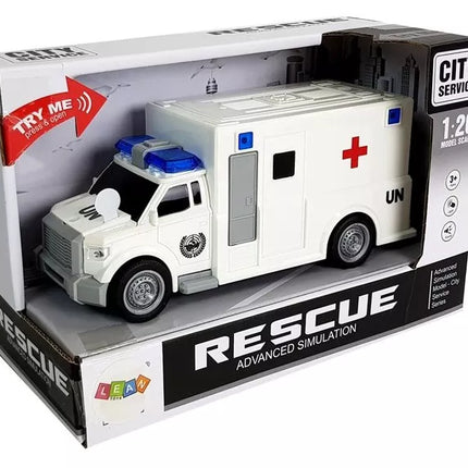 Baltas greitosios pagalbos automobilis su garso ir šviesos efektais