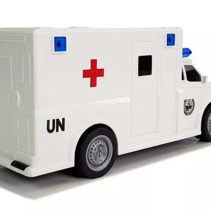 Baltas greitosios pagalbos automobilis su garso ir šviesos efektais