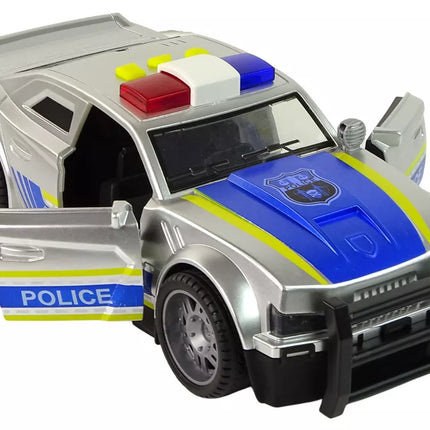 Pilkas policijos automobilis su šviesos ir garso efektais