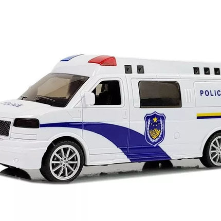 Baltas policijos automobilis su šviesos ir garso efektais