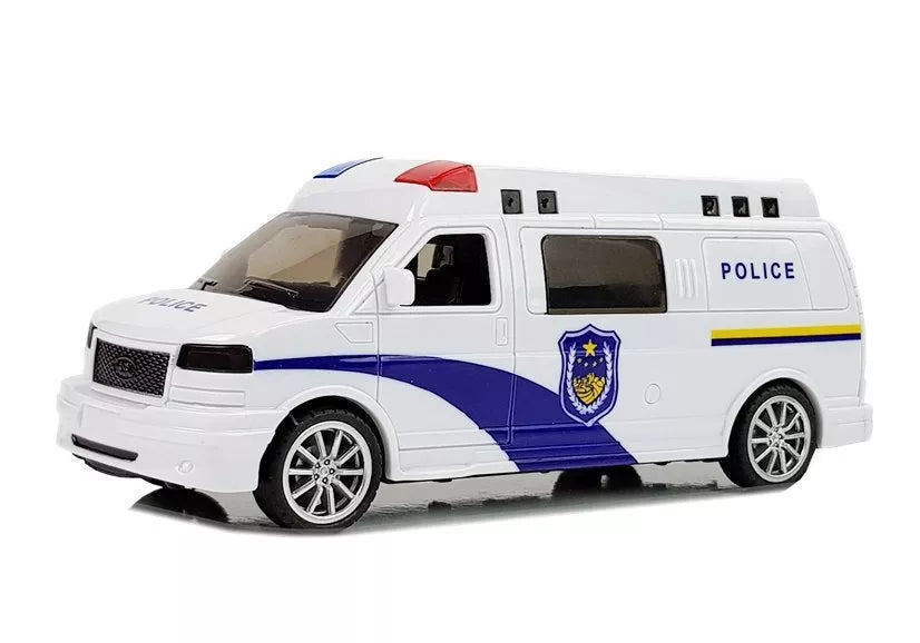 Baltas policijos automobilis su šviesos ir garso efektais