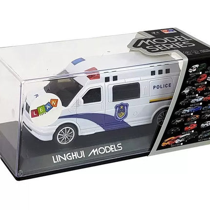 Baltas policijos automobilis su šviesos ir garso efektais