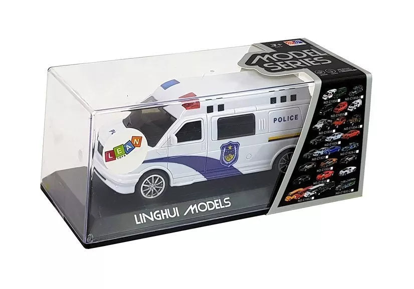 Baltas policijos automobilis su šviesos ir garso efektais