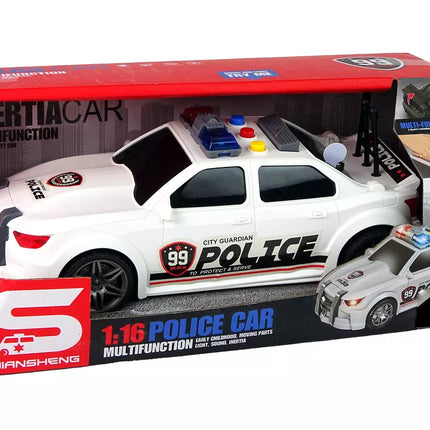 Baltas sportinis policijos automobilis