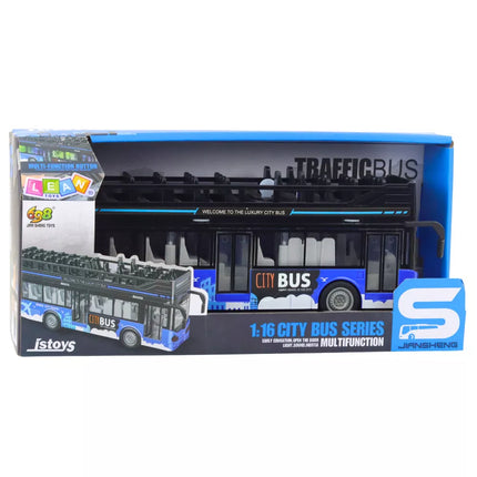 Mėlynas dviaukštis miesto autobusas