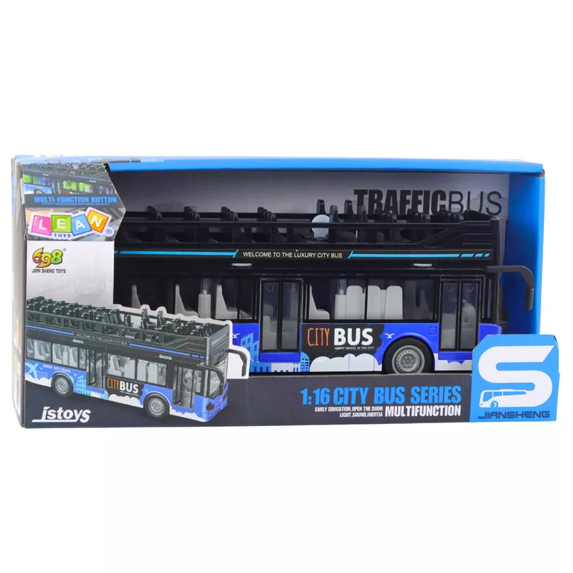 Mėlynas dviaukštis miesto autobusas