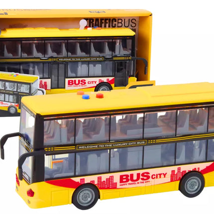 Geltonas dviaukštis autobusas su garso ir šviesos efektais