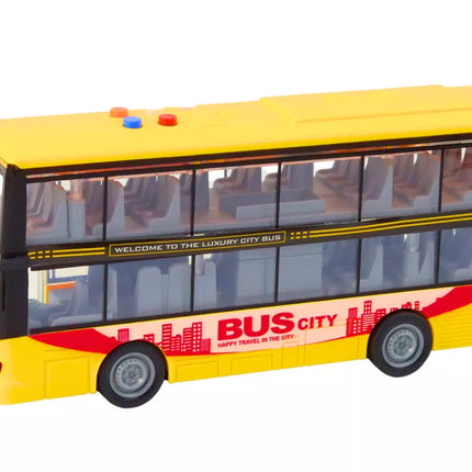 Geltonas dviaukštis autobusas su garso ir šviesos efektais