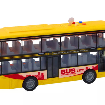 Geltonas dviaukštis autobusas su garso ir šviesos efektais
