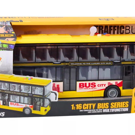 Geltonas dviaukštis autobusas su garso ir šviesos efektais