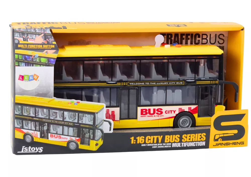 Geltonas dviaukštis autobusas su garso ir šviesos efektais