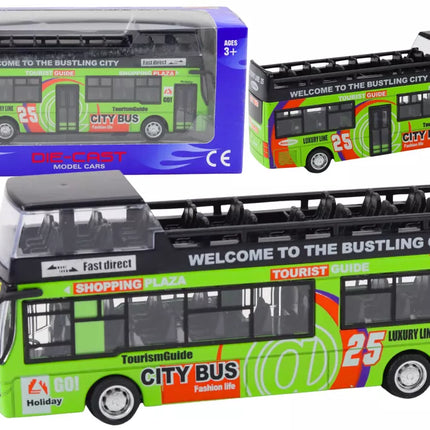 Žalias dviaukštis autobusas su atidaromis durimis