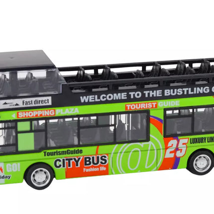 Žalias dviaukštis autobusas su atidaromis durimis