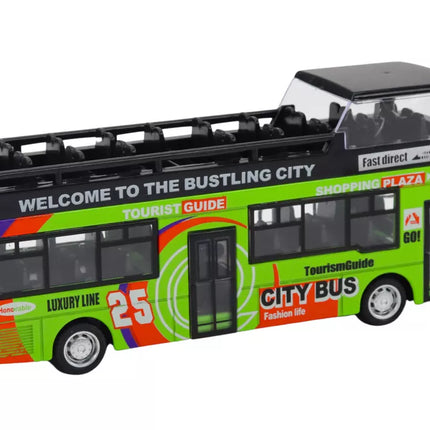 Žalias dviaukštis autobusas su atidaromis durimis