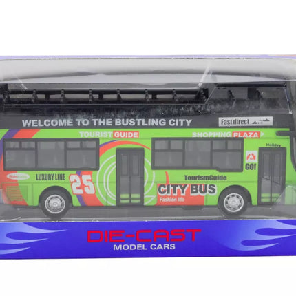 Žalias dviaukštis autobusas su atidaromis durimis