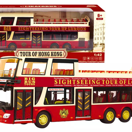 Raudonas dviaukštis turistinis autobusas