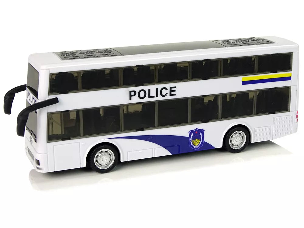 Baltas dviaukštis policijos autobusas